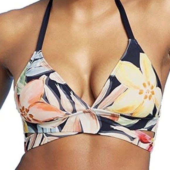 Kona Sol Navy Floral Wrap Front Bikini with Slit Side Bottoms - Picture 3 of 11